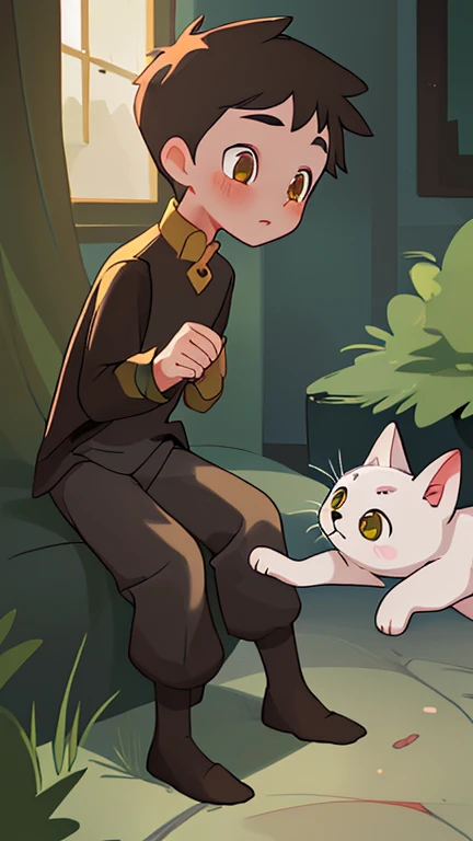 Highlight cat enchanting presence and boy immediate connection with her.