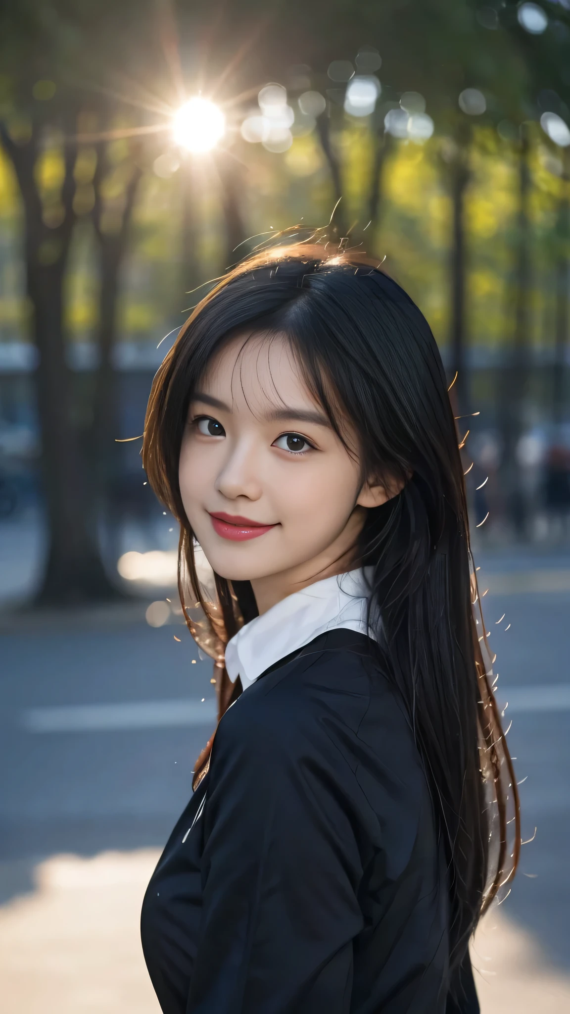 A perfect young female white-collar worker,Chinese,High picture quality,Works of masters,Black hair,Long hair flowing over the shoulders,Blured background,outside, Real Human,CG rendering,16k,depth of field, movie light, lens flare, Ray tracing, Stand up, smiles,Do not show your hands,Close-up shot