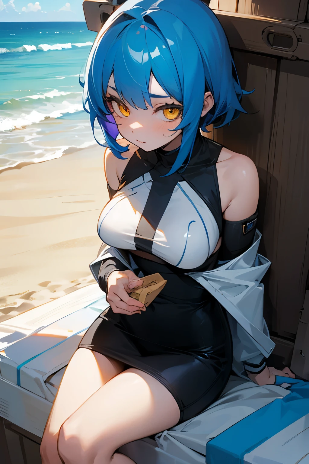 Hot girl, blue hair, yellow eyes, in the beach