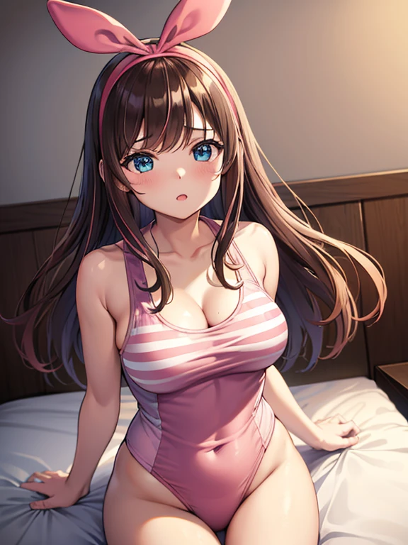 Shot in the bedroom,whole body,highest quality, One girl, kizuna ai, Long Hair, Brown Hair, Multicolored Hair,Floating Hair, Pink Hairband, Striped Hair, Pink Hair, blue eyes,Big Breasts、Cleavage、Pink school swimsuit