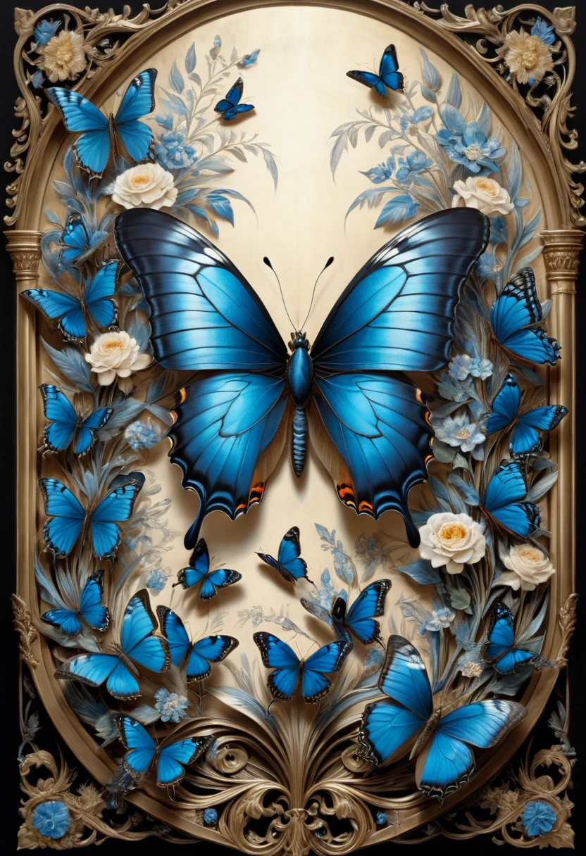 blue butterfly, (masterpiece, best quality, Professional, perfect composition, very aesthetic, absurdres, ultra-detailed, intricate details:1.3), by Gustave Doré
