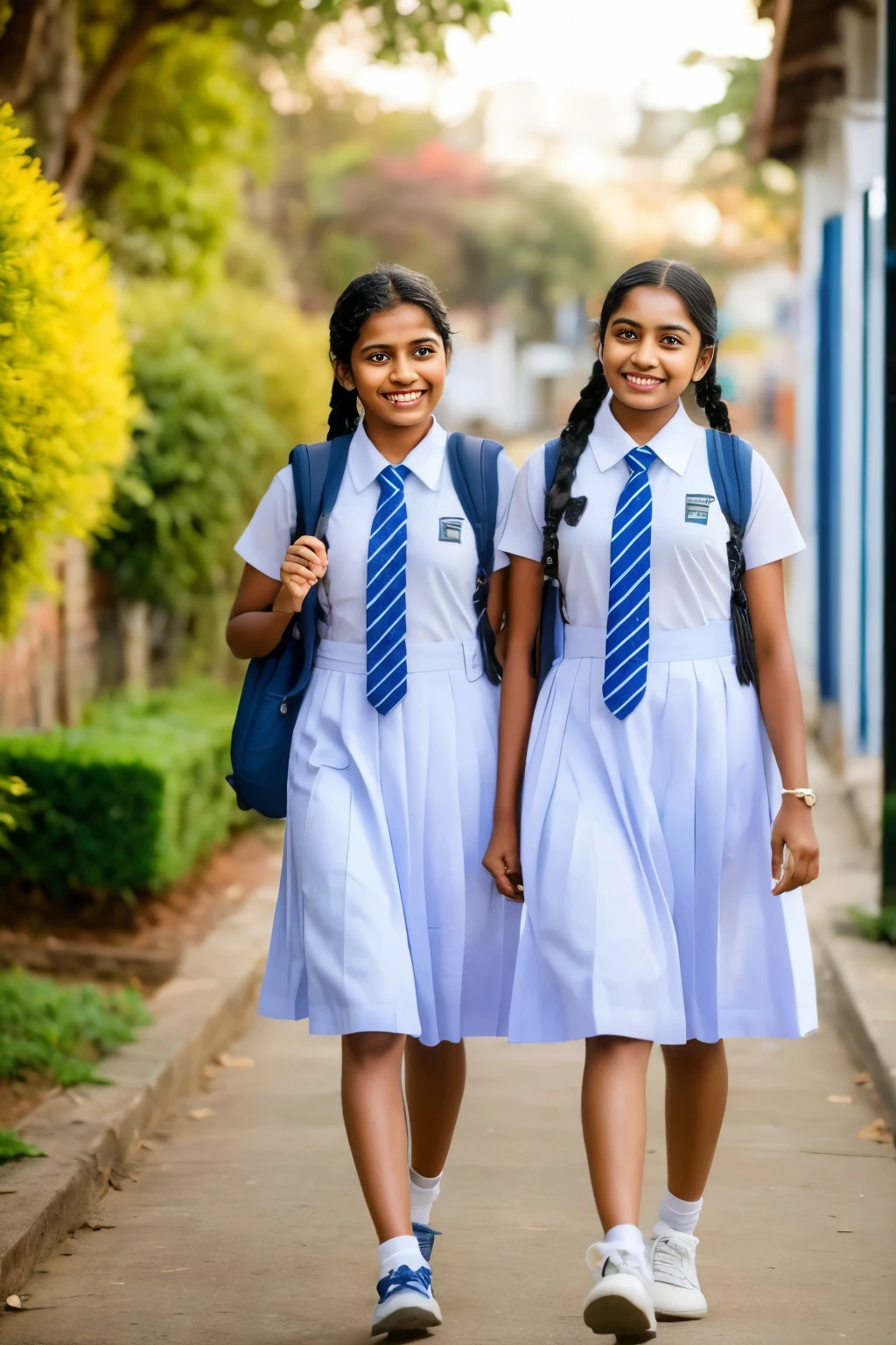 Raw photo, two beautiful Sri Lankan girls, with plaited hair, both coming towards the camera in a school walkway in a joyful happy mood, wearing white frocks and blue color ties, white shoes, with school backpacks, professional photographer, (hdr:1.4), masterpiece, ultra-realistic 8k, perfect artwork, intricate details, cute face, award winning photograph, (Best quality, 8k, 32k, Masterpiece, UHD:1.3)