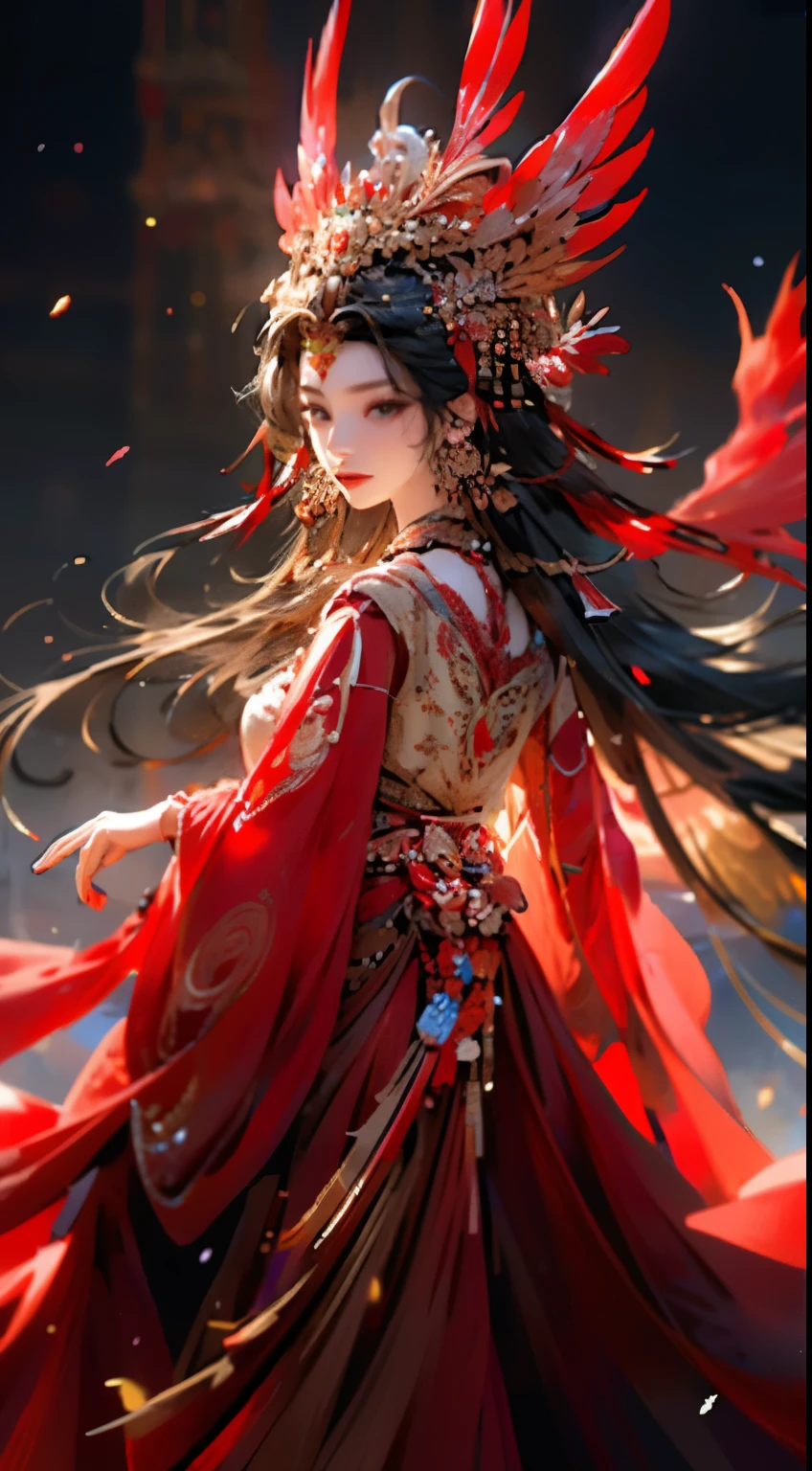 1 Girl,jewelry,earrings,Solitary,Long hair,Hair accessories,look back,Looking at the audience,red skirt,Black Hair,Upper Body,Shut up,Fuzzy,skirt,tassel,brown hair,feather,From the back,Chinese clothes,tassel earrings,disgust,frown,wrinkled_brow,