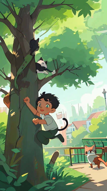 Illustrate boy and cat exploring the town's parks, climbing trees, and traversing hidden pathways.