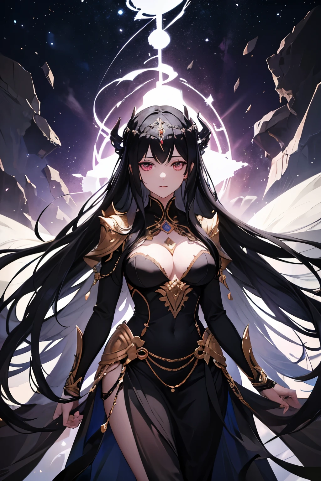 Goddess of destruction, female, beautiful, young, black hair, long hair, fully clothed, royal clothes, formal clothes, dress, best quality, status, darkness effects, destruction effects, confident, cold, emotionless, dangerous