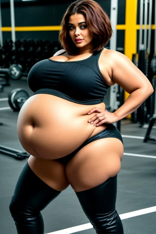 45YO MATURE MILF Aishwarya rai as MILF model, black denim shorts, thigh high boots, bandeau tank top, navel out, vulgar posing in boys gym, day scene, mature hourglass MILF figure, look at camera and tease, ((bob cut hair)), sexy 45yo MILF, soft volumetric lights, intricate details, (ArtStation:1.2), curvy body, plump body, huge big ass, thick body, curvy body type, voluptuous body type, busty body type, thick body type, big chest, big