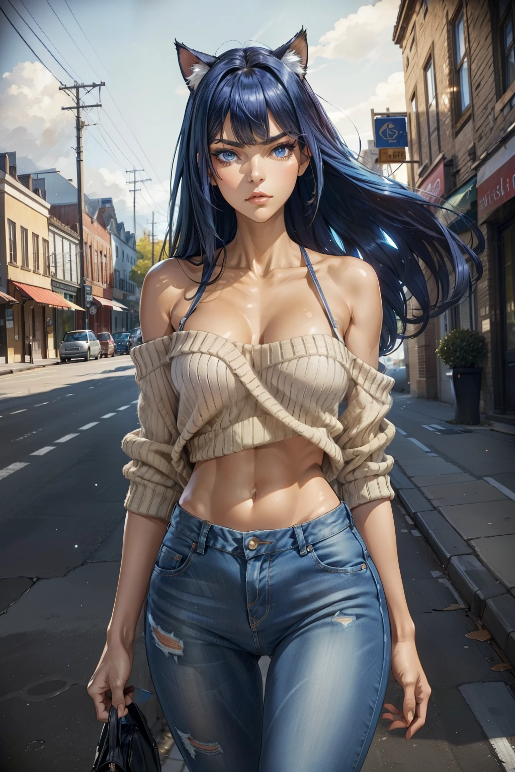 solo, shy, Standing at attention, clear light skin, very long straight blue hair with a dark purple tint, very Young girl, Beautiful Finger, Beautiful long legs, Beautiful body, perfect blue eyes, expressive eyes, looking at viewer, 8k wallpaper, perfect lighting, masterpiece, (Beautiful small Breasts:1.2), (slender girl), bangs between the eyes, (on the street in small town:1.3), summer day, earphone on the head in the form of cat ears, denim low-waist microshort, loose cropped sweater with open shoulders, long disheveled hair, look at you, sexy jeans, make up 