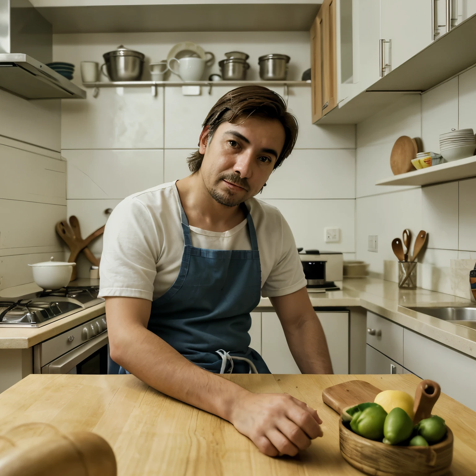 Martín is sitting at the table in a humble kitchen