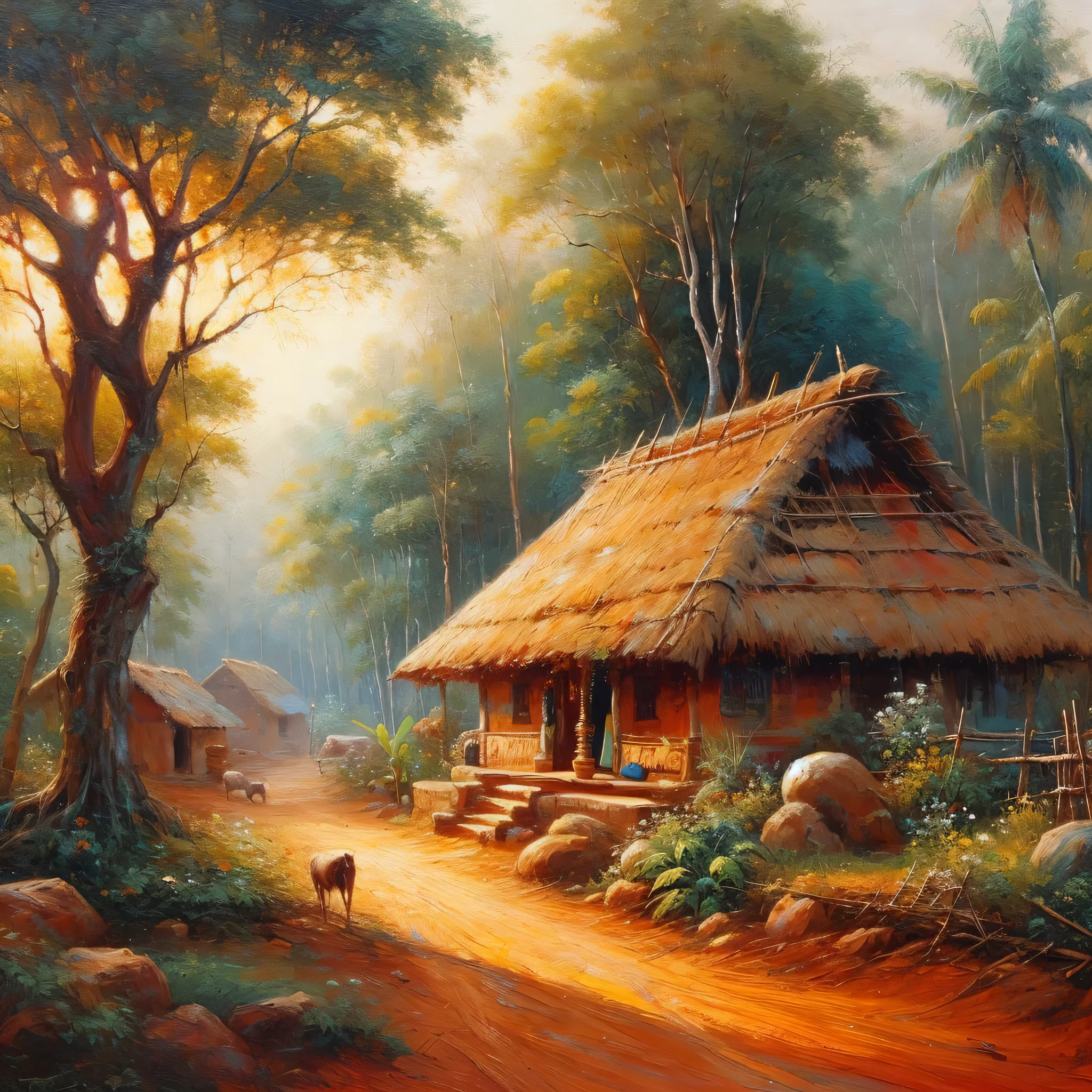 Oil on canvas, painting of a scene, rural home in Karnataka Village