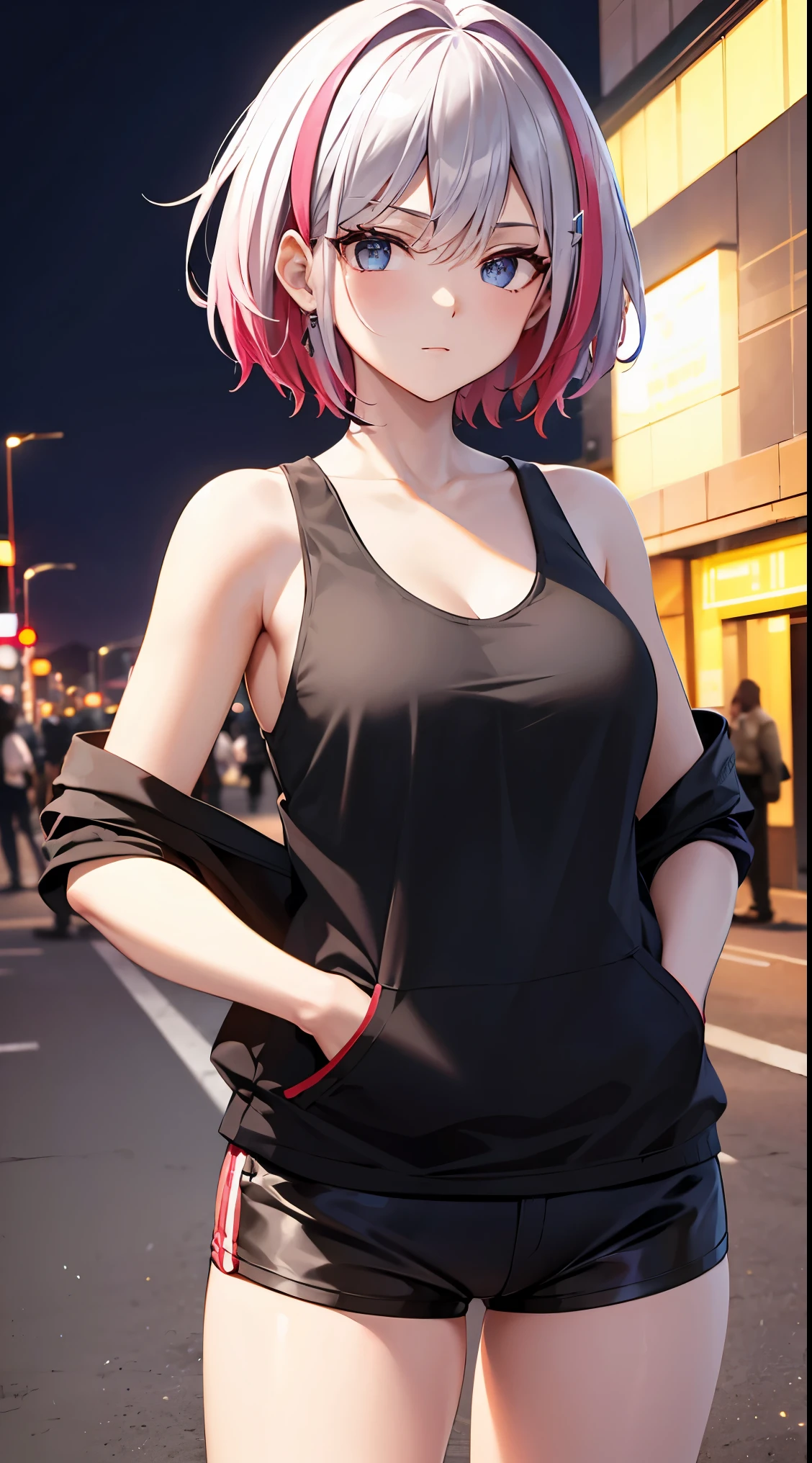 jelotopaz, white tank top with holographic black jacket, hands in pockets, street, night, cowboy shot, masterpiece, 8k