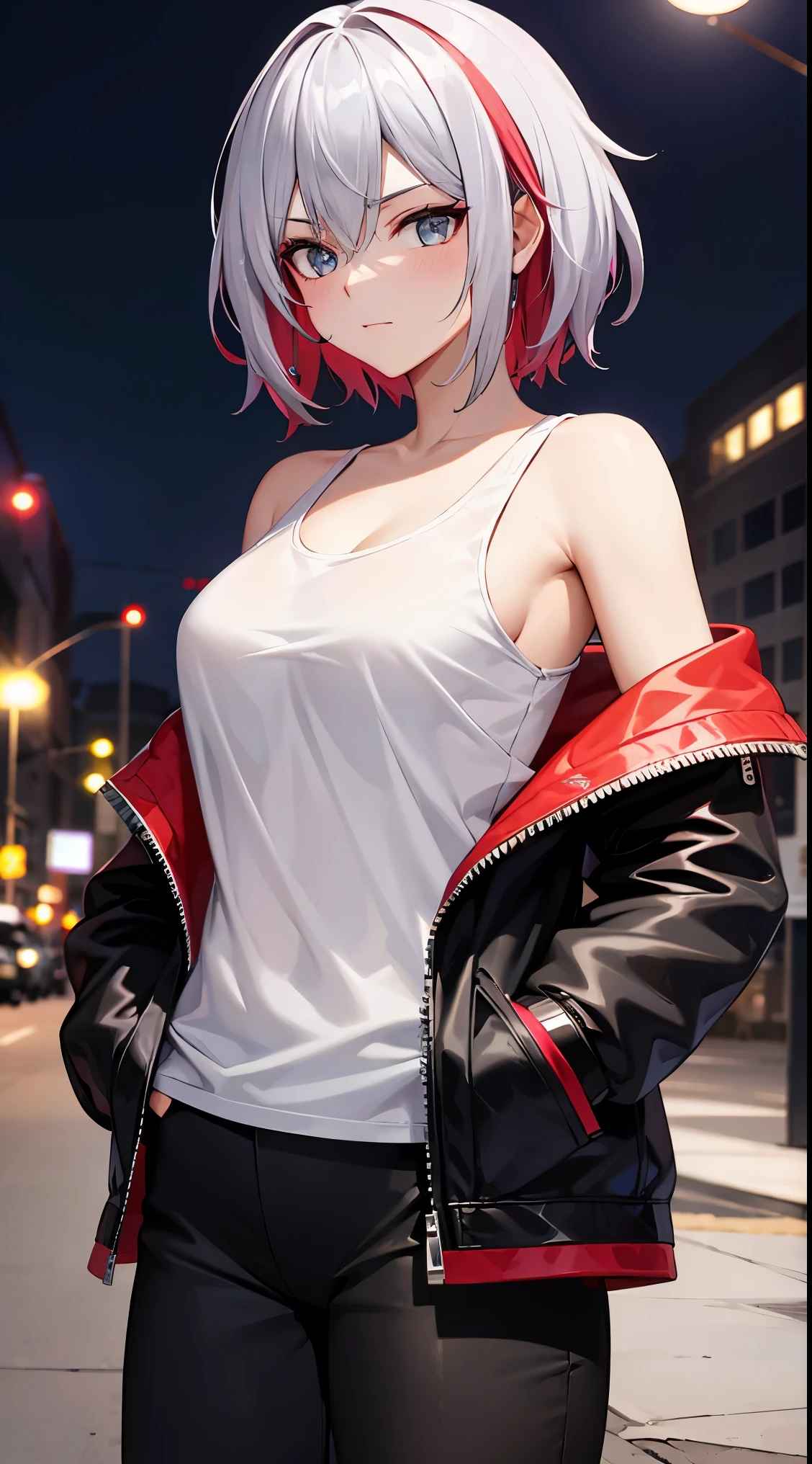 jelotopaz, white tank top with holographic black jacket, hands in pockets, street, night, cowboy shot, masterpiece, 8k