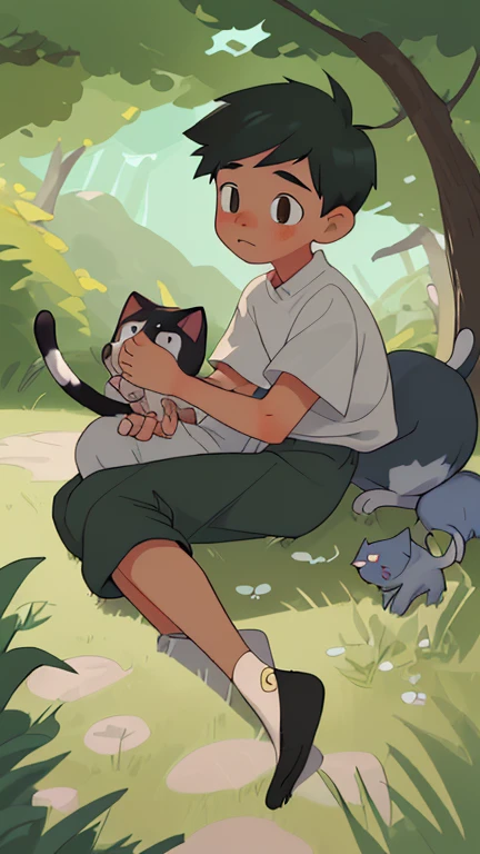 Depict boy and cat sharing tender moments of friendship, with cat by boy side as they navigate through various adventures. Show their bond strengthening with each new experience.