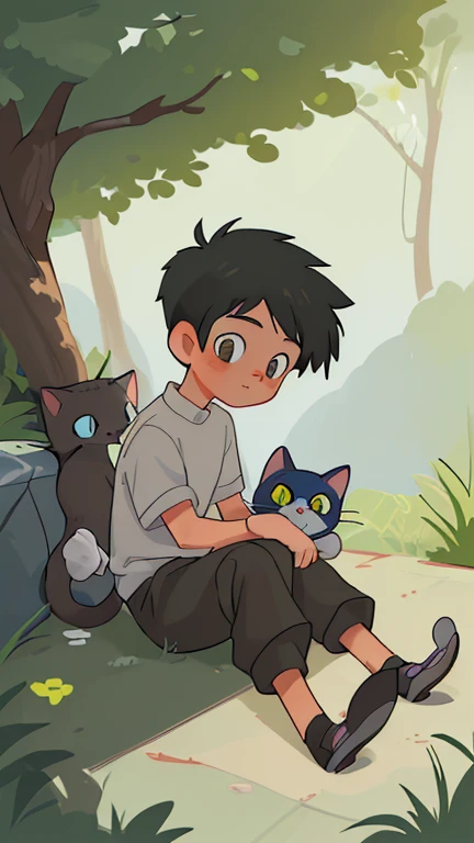 Depict boy and cat sharing tender moments of friendship, with cat by boy side as they navigate through various adventures. Show their bond strengthening with each new experience.