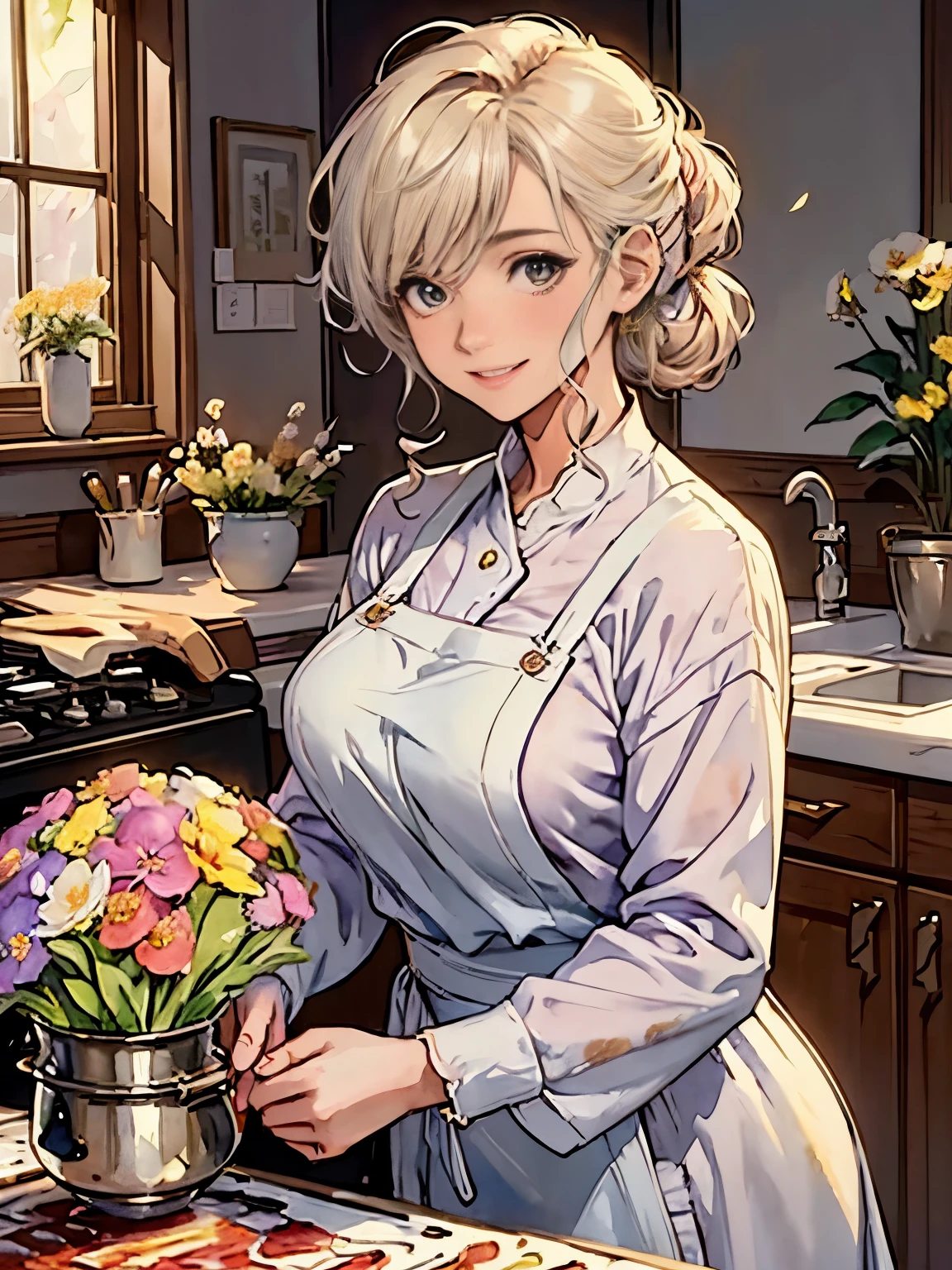 An imaginative and heartwarming depiction of a dream girlfriend, envisioned as a loving partner and lifelong companion, cooking in the kitchen. She radiates a sweet and comforting smile that brightens the room, creating a sense of joy and tranquility. Her smile is so enchanting that it can make all worries fade away. She embodies wisdom, beauty, and a diligent character. Her attire is casual yet feminine, suitable for cooking, with her hair tied back neatly. The kitchen setting is homely and well-equipped, filled with the aroma of delicious food. The overall style is a blend of realism and a touch of whimsy, capturing the essence of a sweet, hardworking girl in a domestic, loving environment, (Flowers Watercolor:1.5),(Super high saturation, bright and vivid colors:1.5), (Looking directly at the audience:1.5)