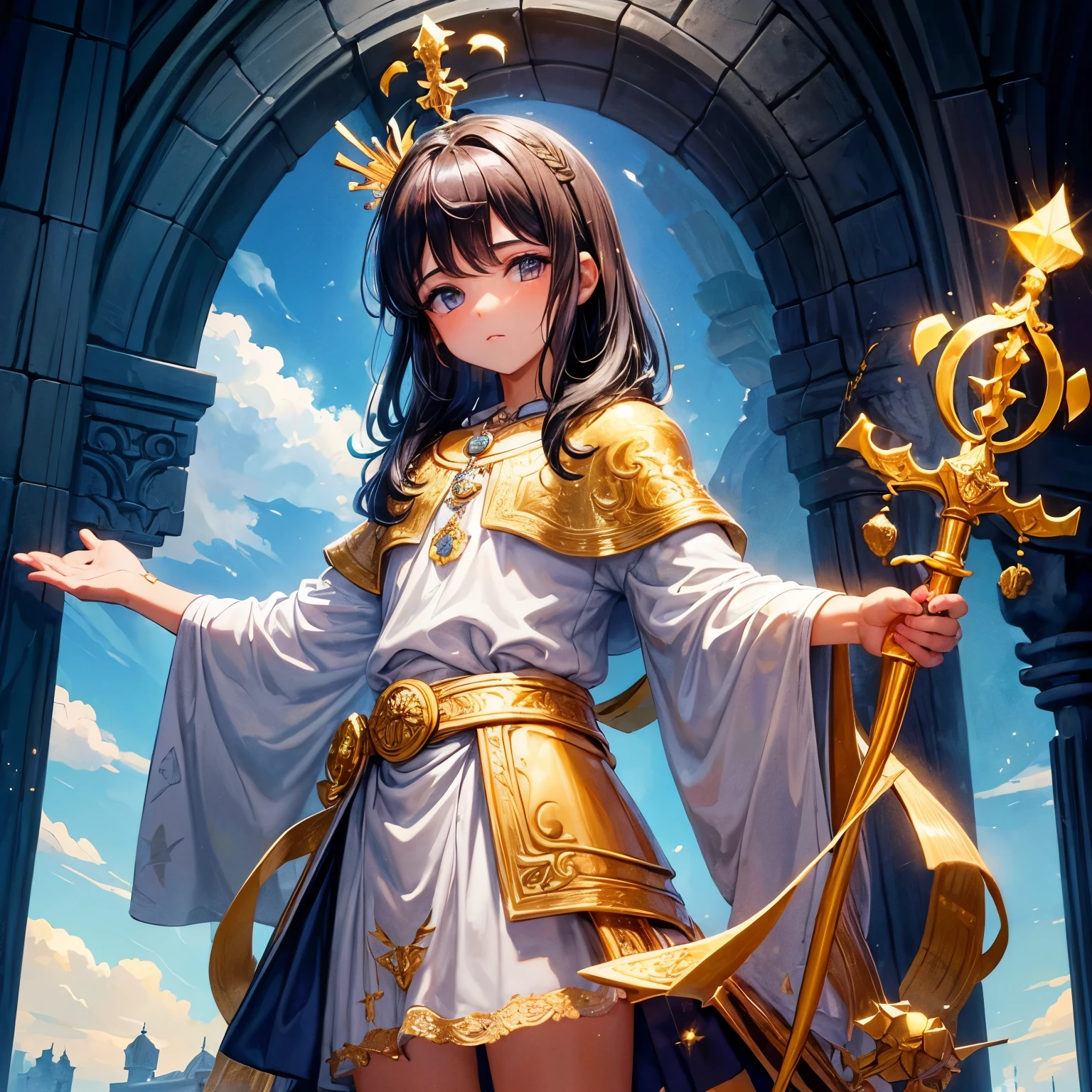 ((mejor calidad)), ((Obra maestra)), (detallado), perfect face He is a young boy, about . His skin is somewhat dark and his hair is dark brown., sus ojos son verde olivo.
Tiene rizos suaves y el cabello no tan largo. He is a prince, por lo que en su cabeza lleva una corona. Por sobre su ropa lleva puestas algunas joyas como collares, y encima se todo una capa como de rey.
In his hands he holds a small golden scepter that represents his kingdom..
El fondo es claro y brillante, making part of it shine slightly from the reflections