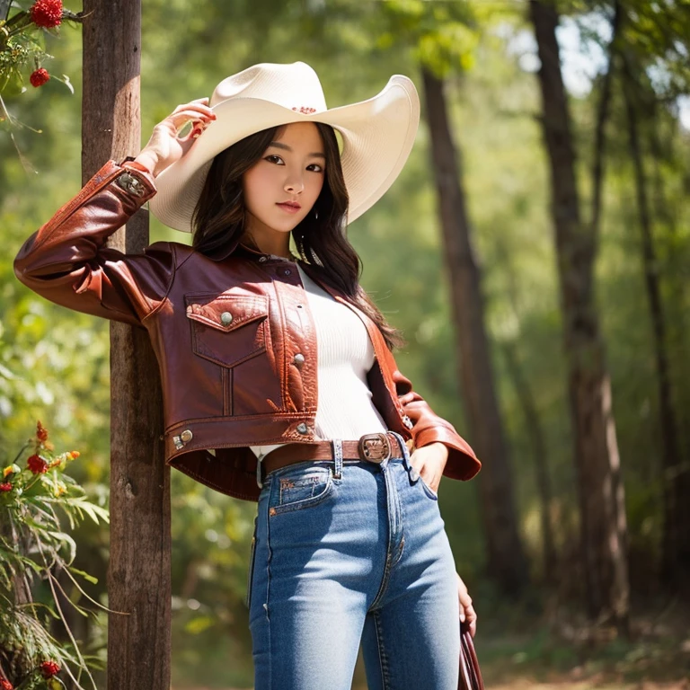 "The young woman wore a cowboy hat and a bright leather jacket.,) ,Long jeans, Album cover art by Yang J, Social trend CG, Beautiful cowboy, cowgirl, western cowgirl, forest, There are red flowers around.,Pearl hut from a dilapidated old place,)) Dressed up as a western sheriff.., female cowgirl, Korean girl" (best quality, 10, height:1.2), 8K Special Details, (realistic:1.37), Portrait, Full body, Posing from different angles,, bright colors, Warm light, shot with a high quality camera 45,000,000,000,Pixels,
