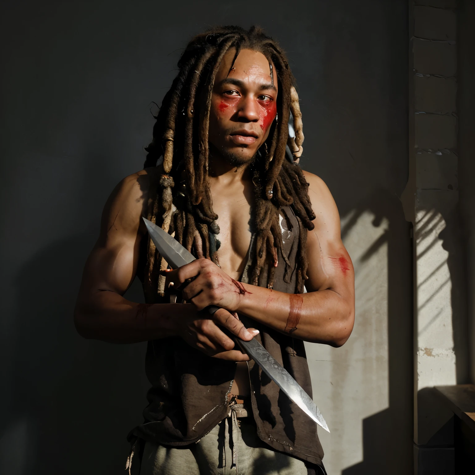 an image a bloodied lightskin man with dreads holding a knife in the shadows