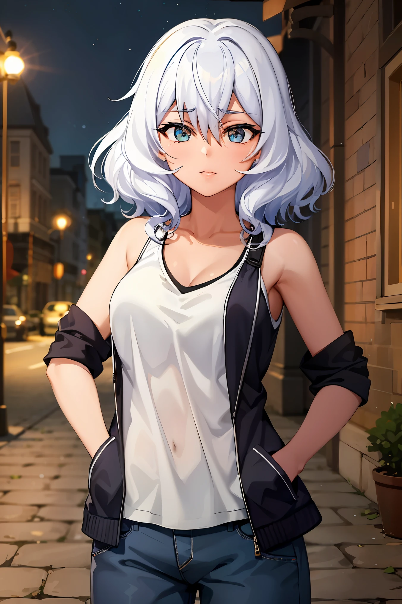 deep skin,textured skin, Altria Grem,
BREAK (white tank top with holographic black jacke:1,2)
BREAK hands in pockets, street, night, cowboy shot,
BREAK (masterpiece:1.2), best quality, high resolution, unity 8k wallpaper, (illustration:0.8), (beautiful detailed eyes:1.6), extremely detailed face, perfect lighting, extremely detailed CG, (perfect hands, perfect anatomy),