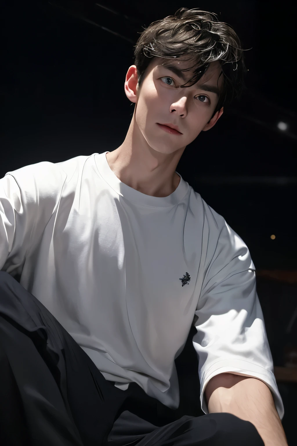 masterpiece、Adults、30Uncle of the generation、twinks、Forehead、30-years old、A dark-haired、Black jacket、Black pants、white t-shirts、Give bangs、Sticking out your forehead、twinks、Eyes drawn in detail、a handsome、Inside the city、starrysky、Mystical light、Dramatic light、Cinematic power、