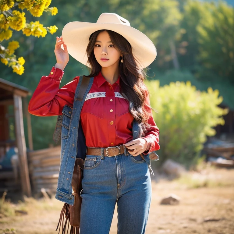 "25 year old young woman, His long hair flowed up.,) Carrying a brightly colored cowboy hat and leather jacket,) ,Long jeans, Album cover art by Yang J, Social trend CG, Beautiful cowboy, cowgirl, western cowgirl, forest, There are red flowers around.,Pearl hut from a dilapidated old place,)) Dressed up as a western sheriff.., female cowgirl, Korean girl" (best quality, 10, height:1.2), 8K Special Details, (realistic:1.37), Portrait, Full body, Posing from different angles,, bright colors, Warm light, shot with a high quality camera 45,000,000,000,Pixels,