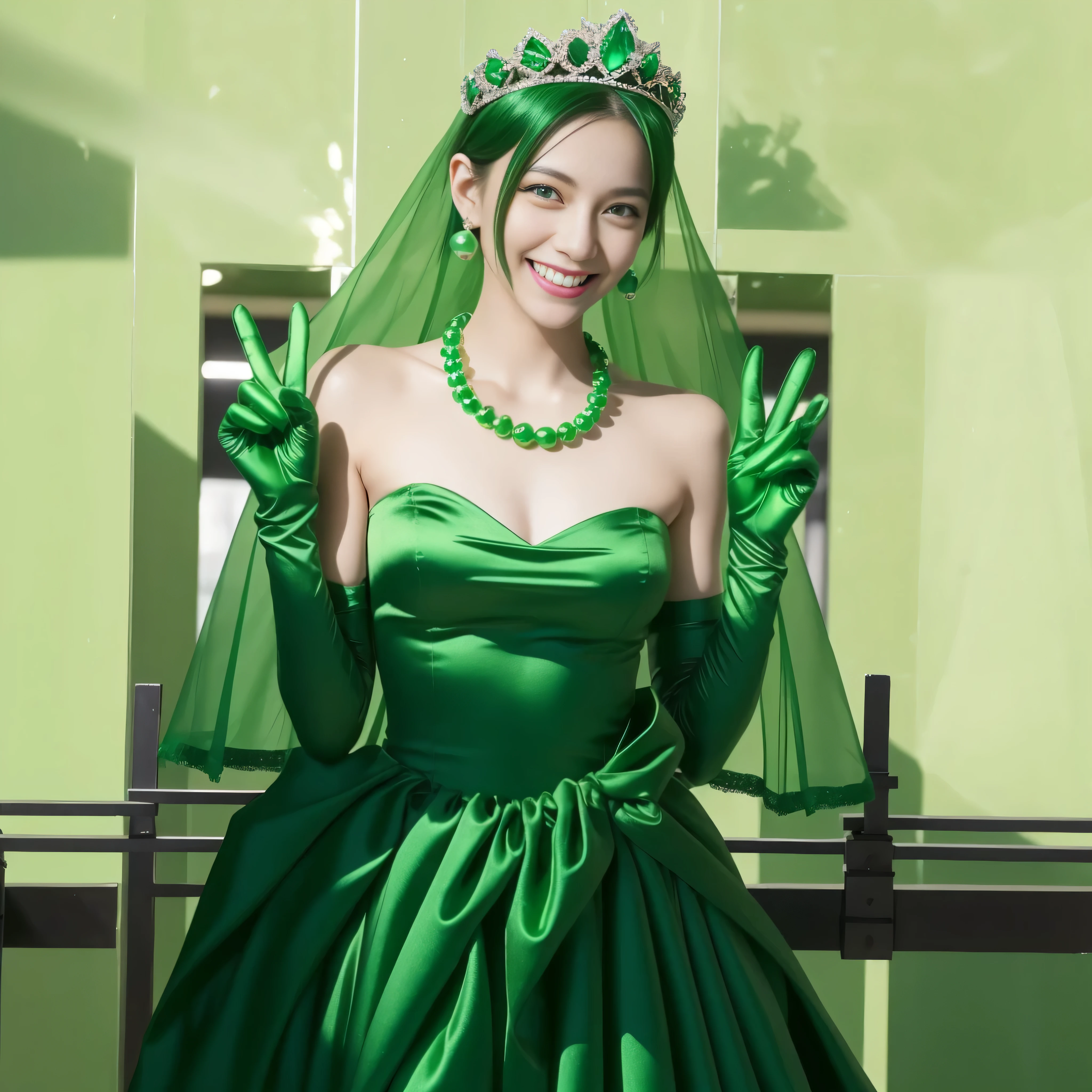 Emerald tiara, Green Pearl Necklace, Boyish very short green hair, lipstick, Smiling Japanese woman, Very short hair, Big tits beautiful, Green Eyes, Long green satin gloves, Green Eyes, v sign, Emerald Earrings, Green Veil