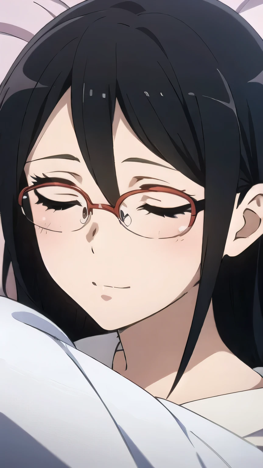 ((best quality)),((Highly detailed)),Masterpiece,detailed face,Beautiful face, 1 person, One picture, Top image, sleeping body, Sleeping, on the bed, in the bedroom,   black hair, glasses,  white pajamas, long hair, Blush, white pajamas, Close your eyes., glasses beyond the edge, hair between the eyes, smooth, semi-rimless glasses, Focus only,  red frame glasses, face resting on hand 