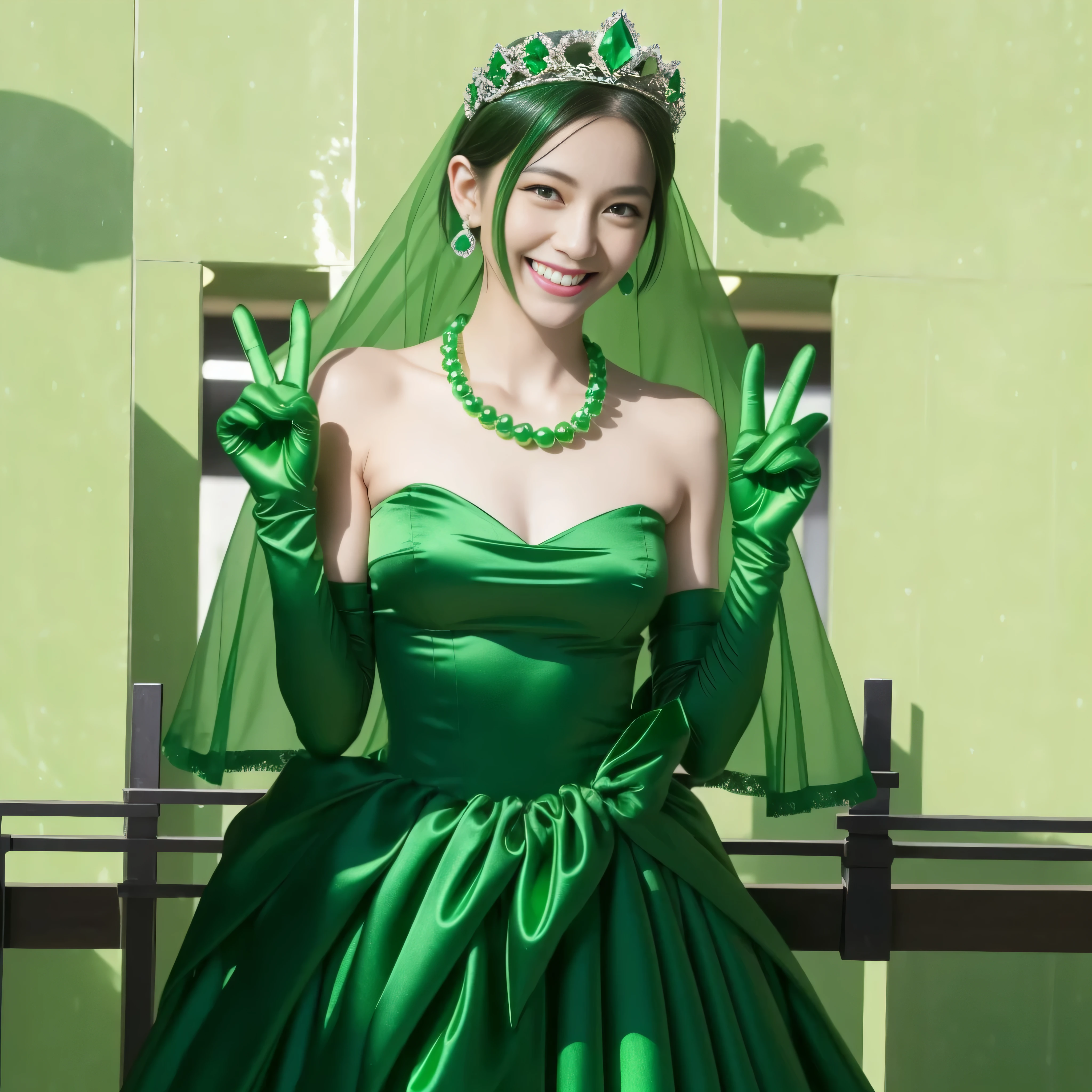 Emerald tiara, Green Pearl Necklace, Boyish very short green hair, lipstick, Smiling Japanese woman, Very short hair, beautiful, Green Eyes, Long green satin gloves, Green Eyes, v sign, Emerald Earrings, Green Veil