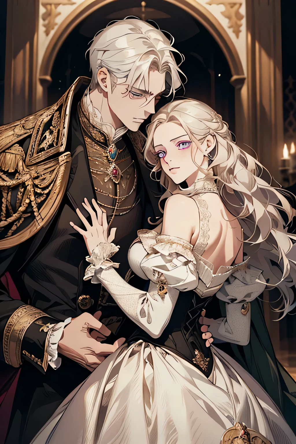 ((best quality)), ((masterpiece)), (detailed), perfect face, There are two figures, a man and a woman. {The man is a very handsome man silver hair and green eyes. and short hair. He is so handsome that his face is called a masterpiece. He is a handsome man with a cynical, story-looking face. The man is wearing black uniforms. {The woman has blonde hair and waves that bend like waves. Purple eyes sparkle like jewels, and she is beautiful. The woman is so beautiful.} {The man and woman are in the most splendid place in the castle} {There are jewels and several medieval ornaments around.}{The woman and the man are wearing medieval clothes} The woman and the man look at each other but hate each other very much. This is because the two of them are bitter rivals. It is an animé painting.} {Expression clearly expressed} {They're arm in arm}, {Men and women are looking straight ahead} {Men and women make annoyed faces}, Men despise women, The woman looks elsewhere. The woman is wearing a Rococo-era dress, {woman hair long hair, My hair is wavy up to my waist}, {A woman pouts her lips and makes a pained expression}{Man looks straight ahead}
