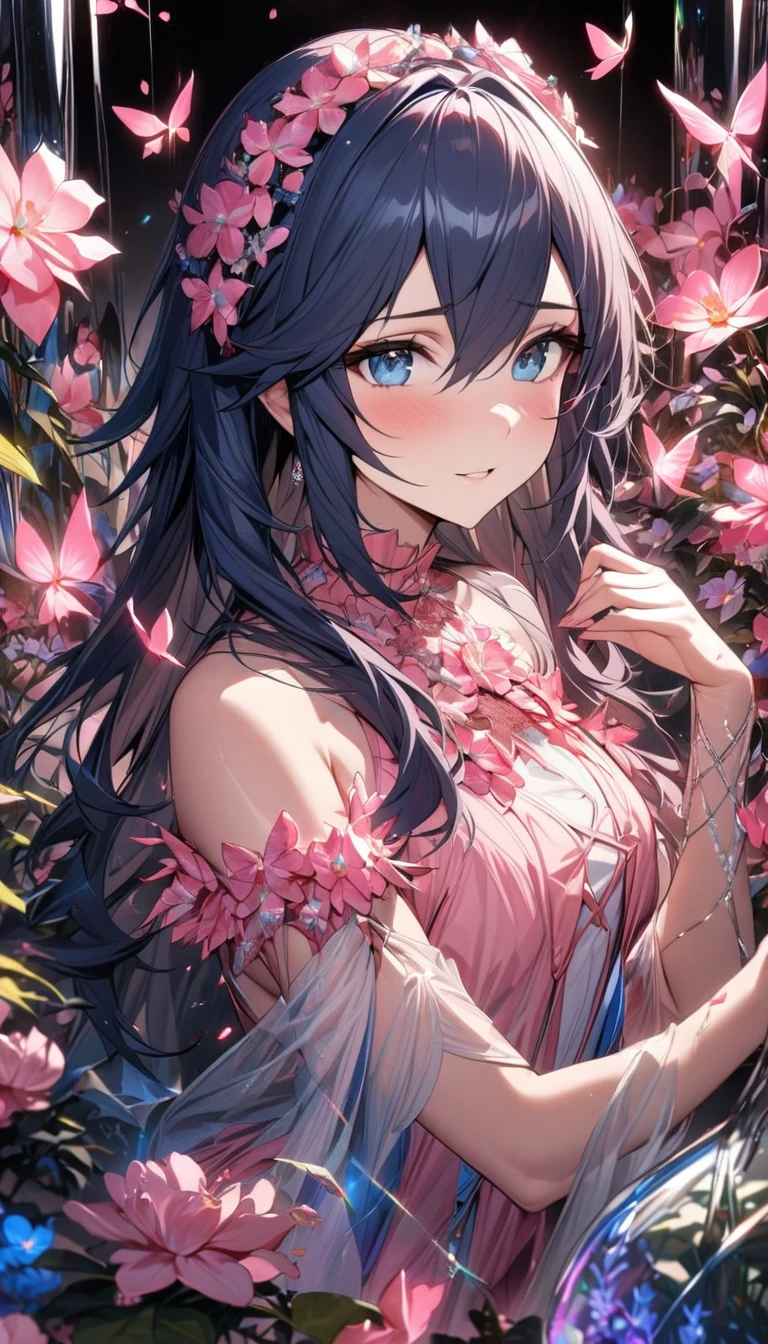 (absurdres, highres, ultra detailed, HDR) master piece, best quality, perfect face, Lucina, dark blue hair, expressive blue eyes, Fire Emblem Awakening, solo, girl, extremely beautiful, pretty, glass pink flowers, glass pink petals, glass pink butterflies, glass garden, glass blossoms, everything made with glass