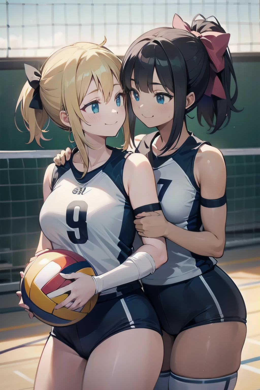 unity 8k wallpaper, anatomically correct, (((masterpiece))), (((best quality))), (((ultra detailed))), (((high-resolution))), ((super fine illustration)), ((Ultimate cutie)), detailed beautiful face, shiny hair, 18 years old, ((potbelly)), (curvy), medium breasts, ((Thick thighs)), sleeveless volleyball uniform, ((buruma)), ((knee pad)), (elbow pad), ((hold volleyball)), ((hold a 6-inch volleyball)), cowboy shot, in volleyball court, in school gymnasium,
BREAK, (Yuri), 2girls_A_and_B, A girl_have_{{blond ponytail}}_{hair bow}_{{happy}}_{smile},
BREAK, B girl_have_{black short hair}_ {hair bow}_{{{smirk}}}