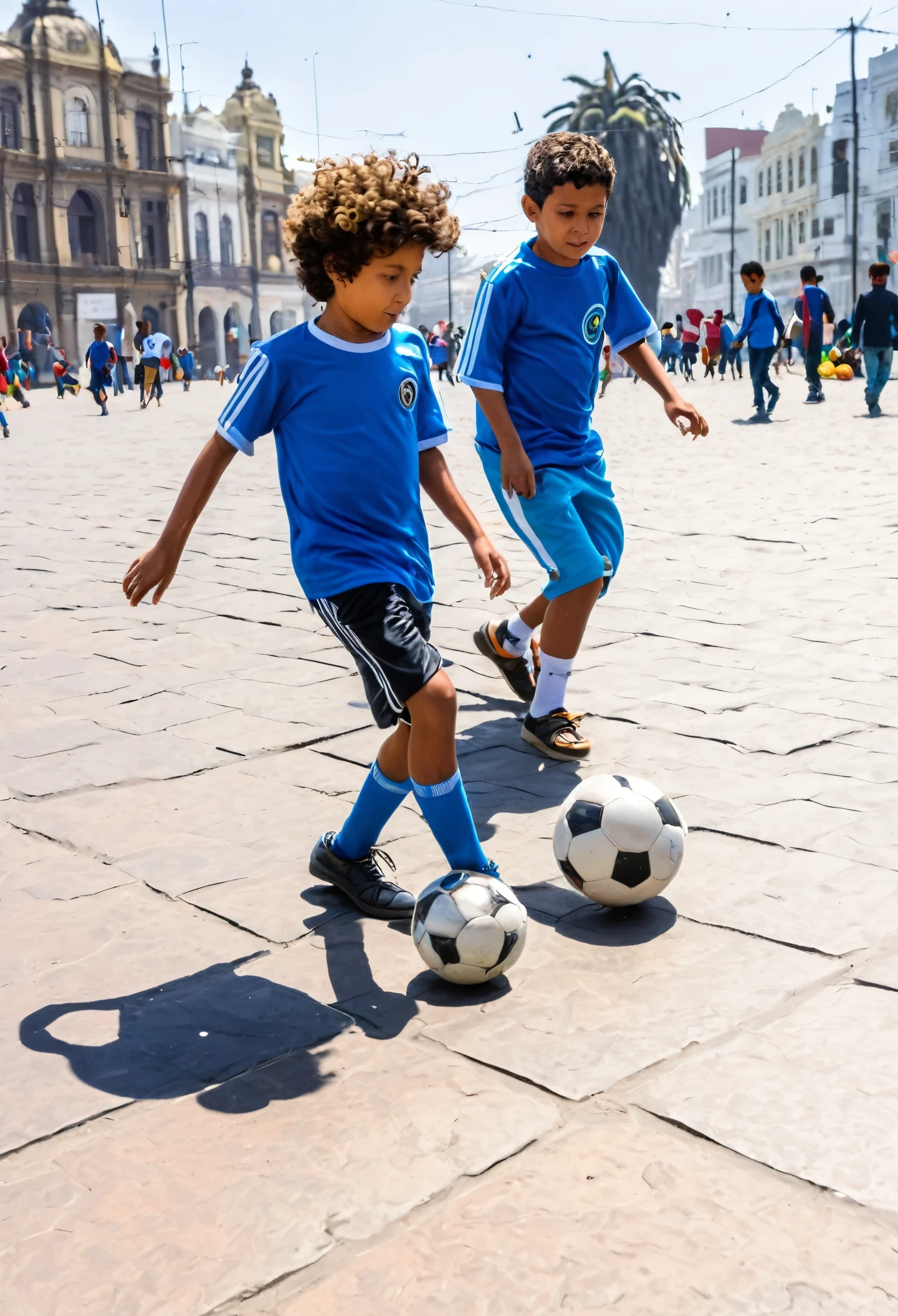 A 10 year old boy and a 6 year old boy playing soccer in the main square of the Barranco district in Lima, on a sunny day in the year 2024, children have curly hair