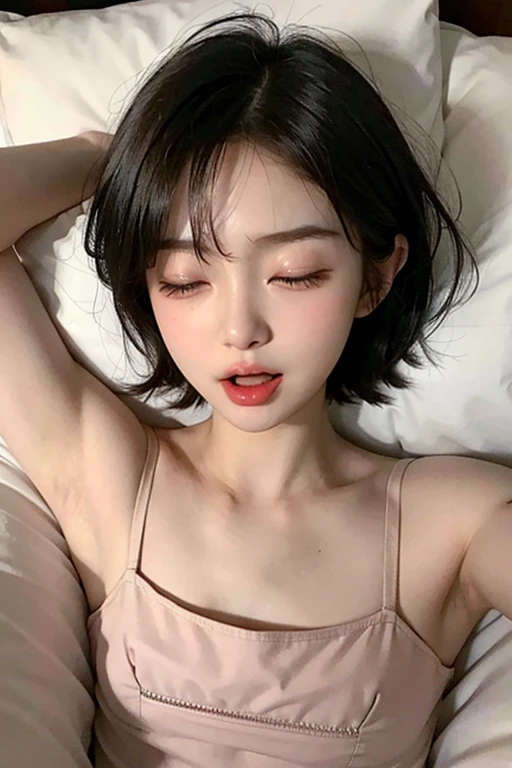((a slender girl lying back on a bed, she is 20 years old girl, tiny tits, flat chested, short hair)), (close eyes, open mouth 1:2), beautiful detailed lips, beautiful detailed eyes,ultra-detailed,highres,professional, soft lighting,(ultra realistic japanese girl),looking at viewer,(ultra realistic detailed hair),(moist and shining eyes), from above.