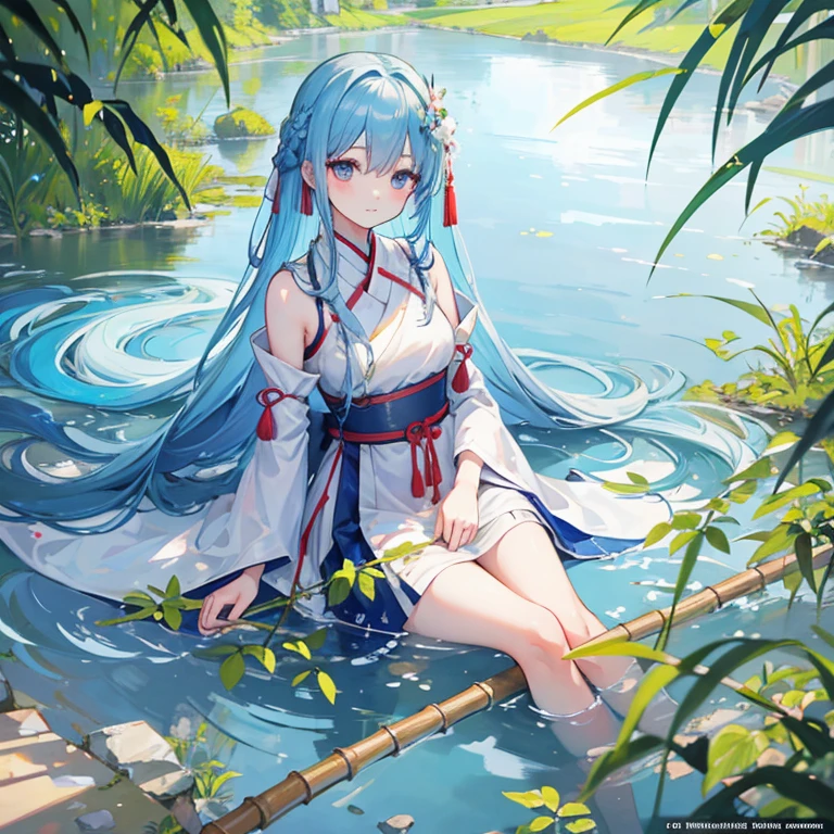 Masterpiece, Best Quality, Official Art, 8k Wallpaper, Very Detailed, Illustration, 1 Girl, Sky Blue Hair, Long Hair, Detailed Eyes, Forrest Gump, Bare Shoulders, Hanfu, Lake, Pure, Soft Smile, bamboo, tea