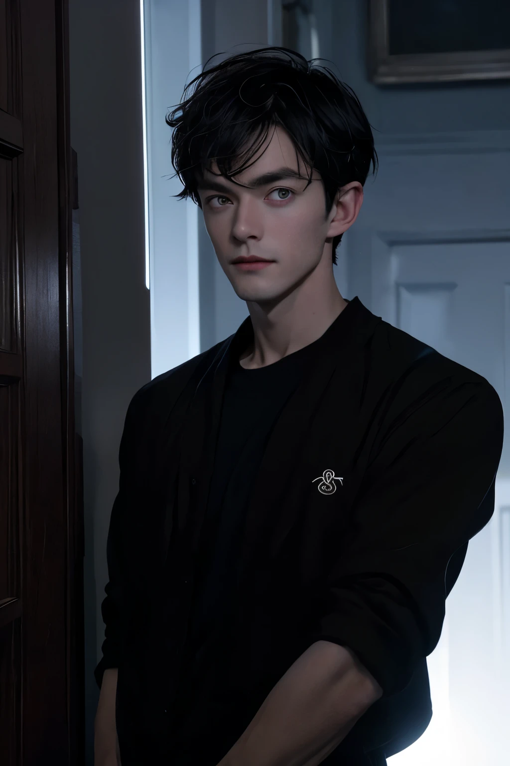 masterpiece、Adults、30Uncle of the generation、twinks、Forehead、30-years old、A dark-haired、Black jacket、Black pants、white t-shirts、Give bangs、Sticking out your forehead、twinks、Eyes drawn in detail、a handsome、Inside the city、starrysky、Mystical light、Dramatic light、Cinematic power、