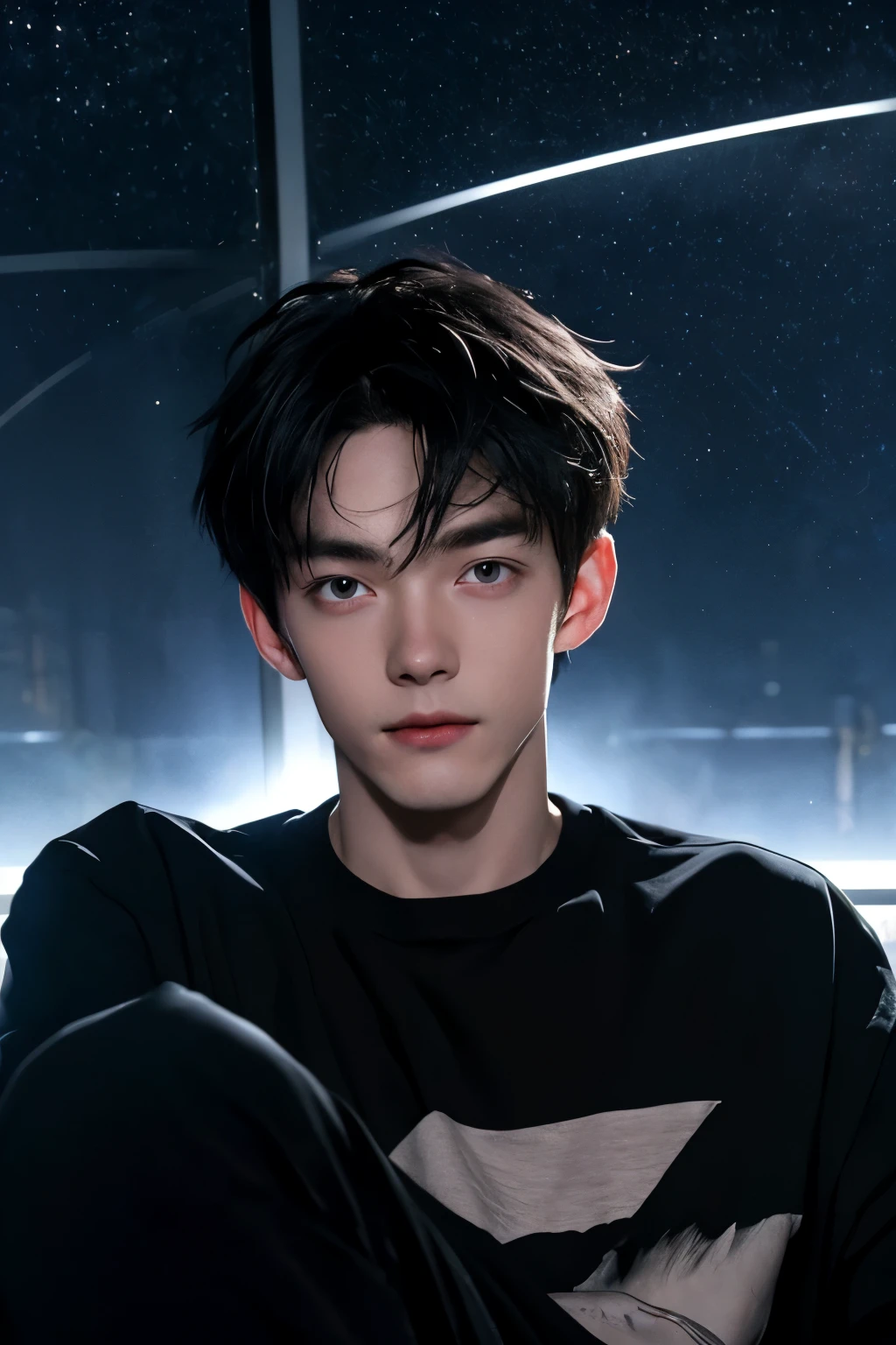 masterpiece、Adults、twinks、Forehead、20-years old、A dark-haired、Black jacket、Black pants、white t-shirts、Give bangs、Sticking out your forehead、twinks、Eyes drawn in detail、a handsome、Inside the city、starrysky、Mystical light、Dramatic light、Cinematic power、