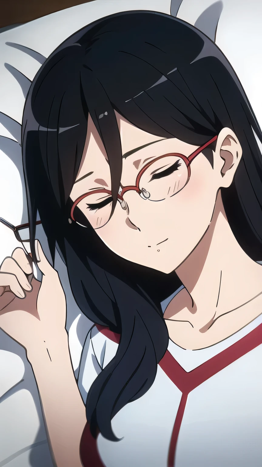 ((best quality)),((Highly detailed)),Masterpiece,detailed face,Beautiful face, 1 person, One picture, Picture above, sleeping body, sleep, on the bed, in the bedroom,   black hair, glasses,  white pajamas, long hair, Blush, white pajamas, Close your eyes., glasses beyond the edge, hair between the eyes, smooth, semi-rimless glasses, Focus only,  red frame glasses, face resting on hand 