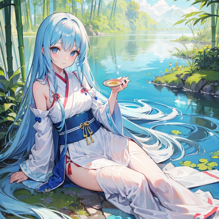 Masterpiece, Best Quality, Official Art, 8k Wallpaper, Very Detailed, Illustration, 1 Girl, Sky Blue Hair, Long Hair, Detailed Eyes, Forrest Gump, Bare Shoulders, Hanfu, Lake, Pure, Soft Smile, bamboo, tea