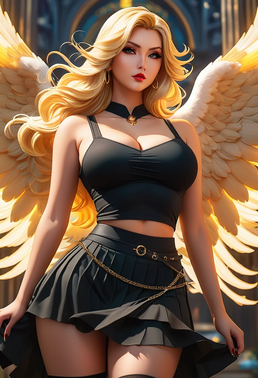 In a mesmerizingly portrayal, thick women busty, a glam-goth goddess angel her Age 28, clean skin,blonde, midriff,wearing skirt on low waist, trending on cgsociety, epic, trending on artstation, highly detailed, vibrant, production cinematic character render, ultra-high-quality model, golden ratio manhwa, manhua, background mysterious, does not produce same pose when remixed.