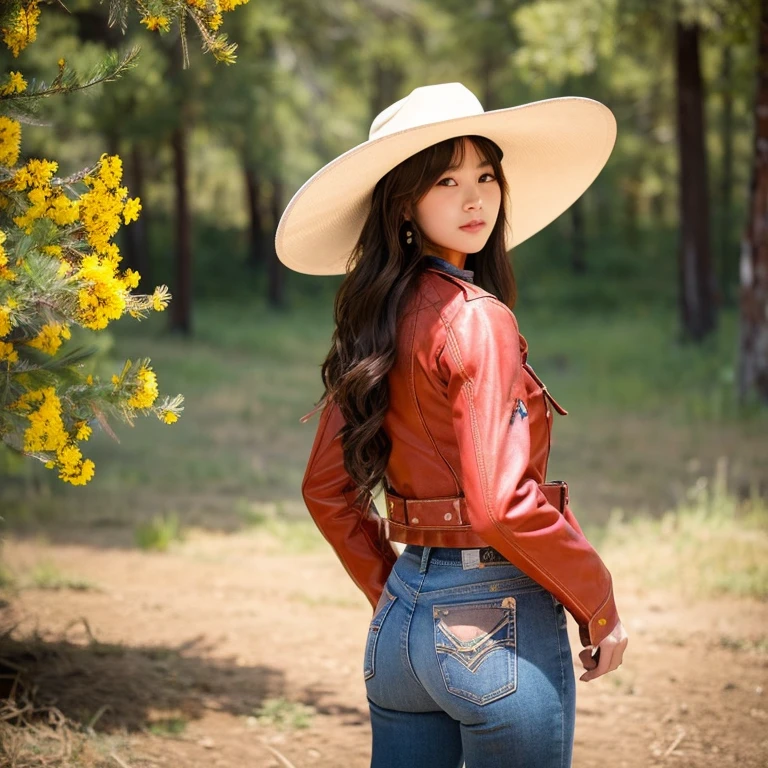 "25 year old young woman, His long hair flowed up.,) Carrying a brightly colored cowboy hat and leather jacket,) ,Long jeans, Album cover art by Yang J, Social trend CG, Beautiful cowboy, cowgirl, western cowgirl, forest, There are red flowers around.,Pearl hut from a dilapidated old place,)) Dressed up as a western sheriff.., female cowgirl, Korean girl" (best quality, 10, height:1.2), 8K Special Details, (realistic:1.37), Portrait, Full body, Posing from different angles,, bright colors, Warm light, shot with a high quality camera 45,000,000,000,Pixels,