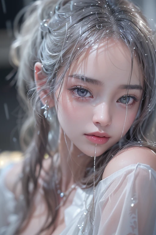(masterpiece:1.3), (8k, Photorealistic, Raw photo, Best image quality: 1.4), Fair-skinned fairy woman、Long Haircut、Cleavage:2.0、Super detailed face、Attention to detail、double eyelid、Put your chest together、Sharp focus:1.2、Beautiful woman:1.4、Silvery white hair、highest quality、masterpiece、超A high resolution、(Photorealistic:1.4)、Highly detailed and professionally lit smile、Loose, light, Shoulder out、thin、Serious expression、Short-haired、Deadly position, gorgeous accessories, one person (RAW shooting, Photoreal:1.5, 8K, highest quality, masterpiece, ultra high resolution), (((heavy snow))), perfect dynamic composition:1.2, (In front of a city building at night in a modern city, expression of sadness:0.9, Tears are flowing:0.9, cry with a broken heart:0.9), Highly detailed skin and facial textures:1.2, Slim office lady wet in the rain:1.3, Fair skin:1.2, sexy beauty:1.1, perfect style:1.2, beautiful and aesthetic:1.1, very beautiful face:1.2, water droplets on the skin, (rain drips all over my body:1.2, wet body:1.2, wet hair:1.3), (Holding a wet bouquet:1.2, Wearing a wet white blouse correctly:1.35), (Medium chest, Bra is transparent, Chest gap), (Eyes that feel beautiful eros:1.0), (Too erotic:0.9, Bewitching:0.9), necklace, earrings, bracelet
