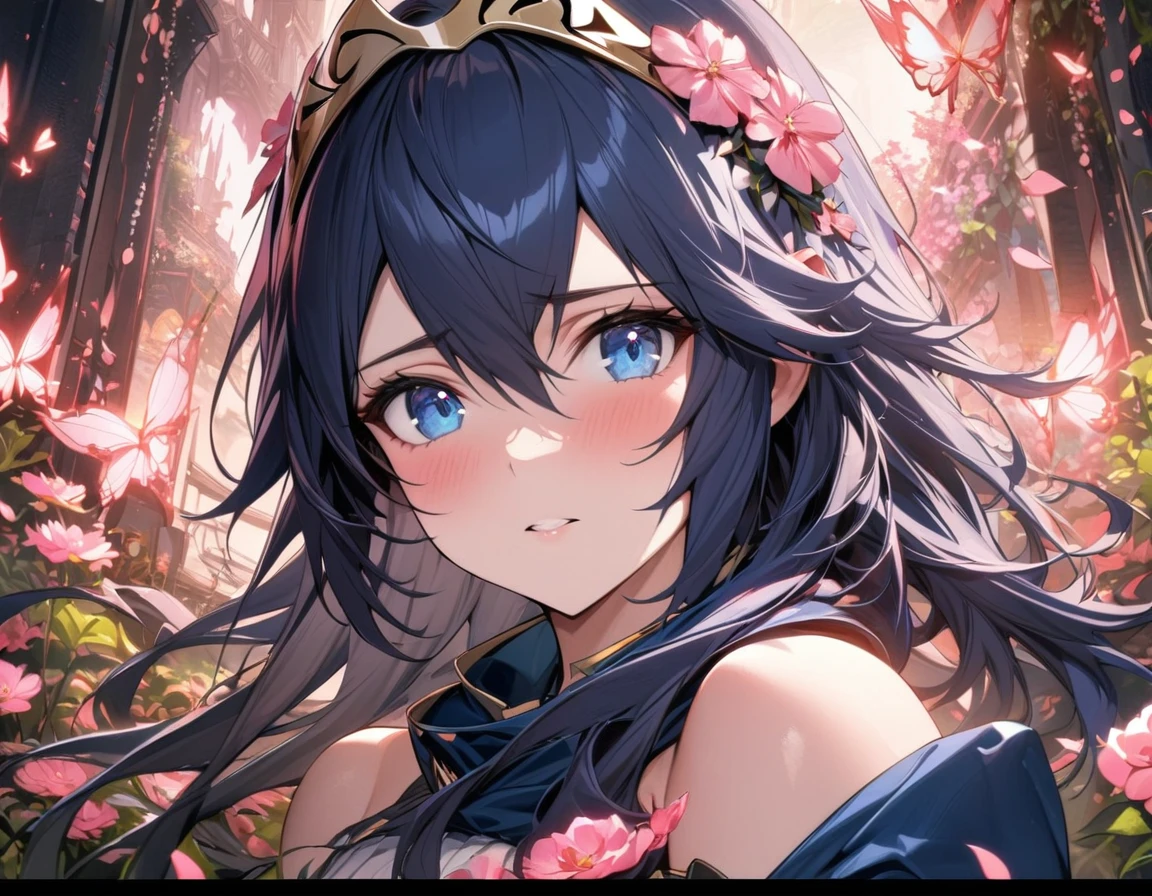 (absurdres, highres, ultra detailed, HDR) master piece, best quality, perfect face, Lucina, dark blue hair, expressive blue eyes, Fire Emblem Awakening, solo, girl, extremely beautiful, pretty, glass pink flowers, glass pink petals, glass pink butterflies, glass garden, glass blossoms, everything made with glass