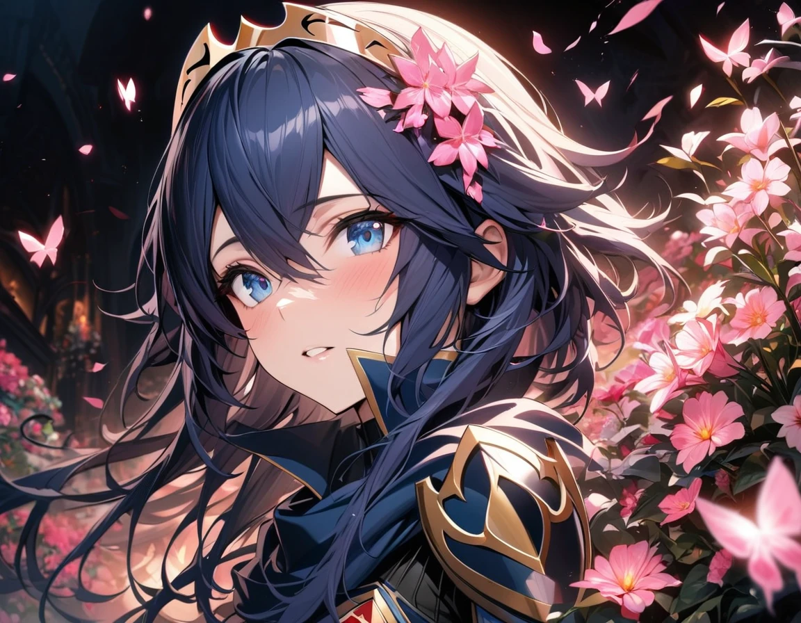 (absurdres, highres, ultra detailed, HDR) master piece, best quality, perfect face, Lucina, dark blue hair, expressive blue eyes, Fire Emblem Awakening, solo, girl, extremely beautiful, pretty, glass pink flowers, glass pink petals, glass pink butterflies, glass garden, glass blossoms, everything made with glass