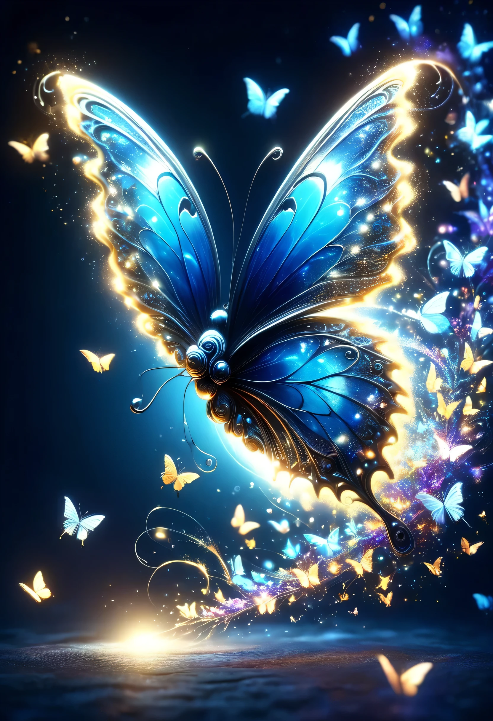 A butterfly flapping its wings in the darkness々Shine、As beautiful as a dream、It touches my heart..,butterfly々:blue:Illumination:Shine,Dark Background,flash,Very flash,masterpiece,best masterpiece,Best Composition,Beautiful sight,dream-like,Gently shinebutterfly々,gracefully,rendering,Unreal Engine,Zentralg Elements,Intricate details,Draw gracefully,With great care,Particles of light:Shine Scale,The trajectory of the butterfly&#39;s wings shines,Rich colors,colorful,Anatomically correct,Beautiful light and shadow,Mysterious,Fantasy,Fantasy,Digital Art