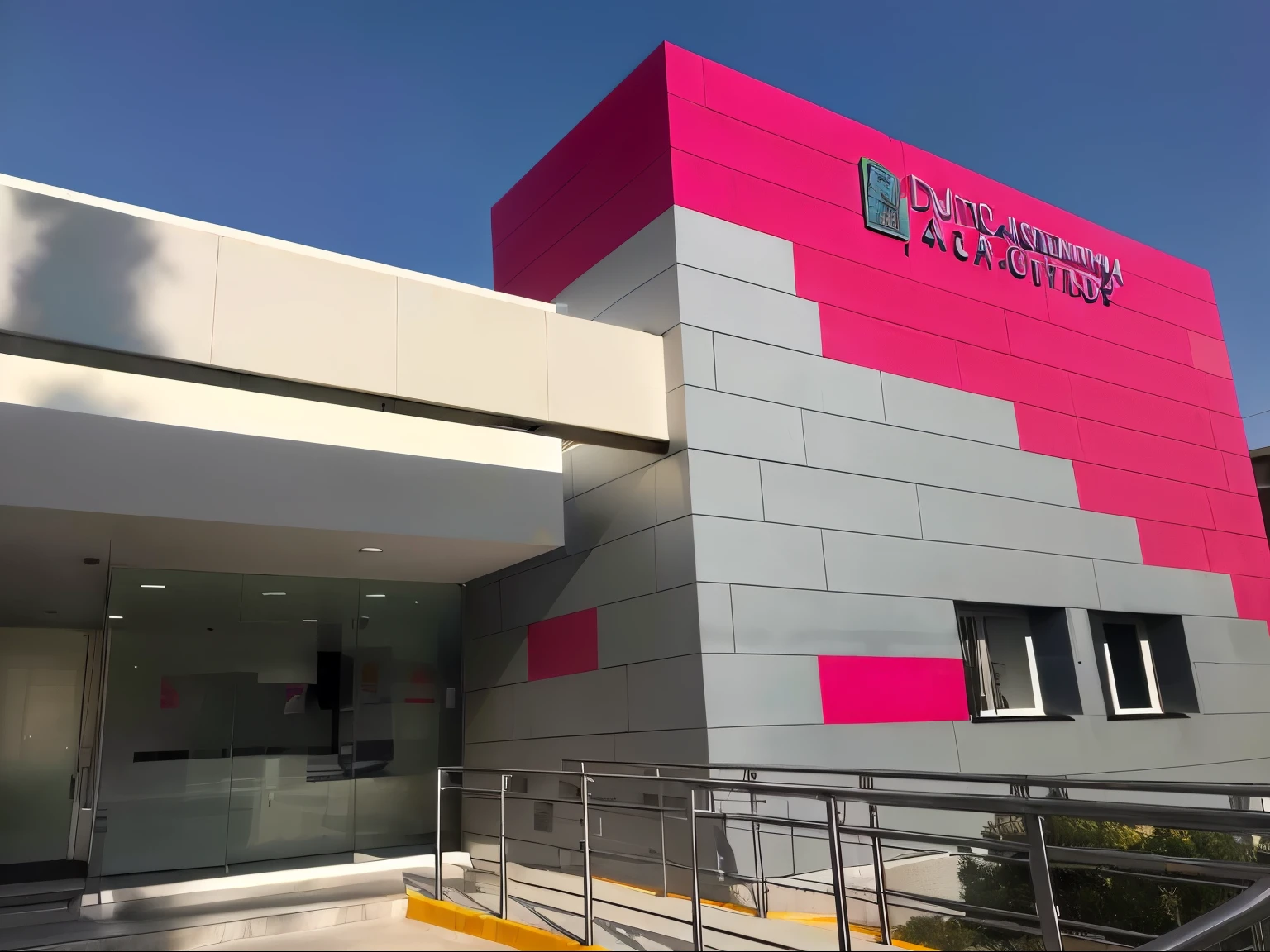 arafed building with a rosa and white sign on the side of it, Fachada Freddy Mamani Silvestre, mirando parcialmente hacia la izquierda, foto frontal, visto desde afuera, exterior shot, centro de imagen, lado delantero, vista exterior, Medical Research Center, exterior photo, hospital, Vista exterior, entrada a la academia privada, foto en color, rosa, imagen completa