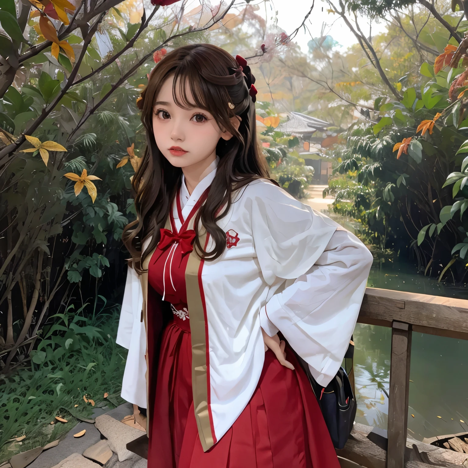 Garota ruiva de olhos azuis, roupa de estudante japonesa branca e vermelha, com uma adaga em cada mao