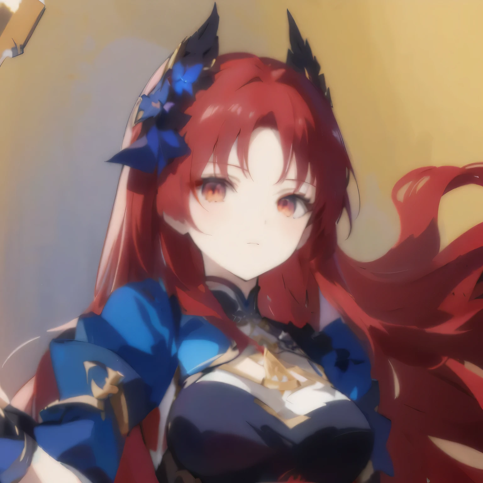 Anime girl with red hair and blue skirt holding a sword, ayaka Genshin Impact impact, from the night of the ark, ayaka game Genshin Impact impact, Genshin Impact, still, Lias Gimonry, Shadowverse Style, Portrait of anime heroine, Produced in collaboration with Anime Painter Studio, Genshin Impact impact character, Anime style like fate/overnight, fate grand order