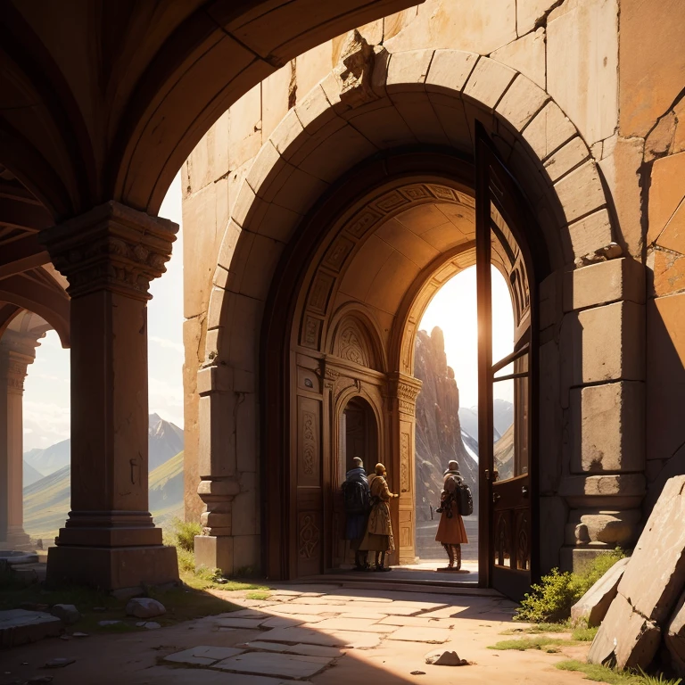 ancient strange ornate golden portal in the side of an old ancient mountain with a couple of people standing around it and looks like they have a research camp setup