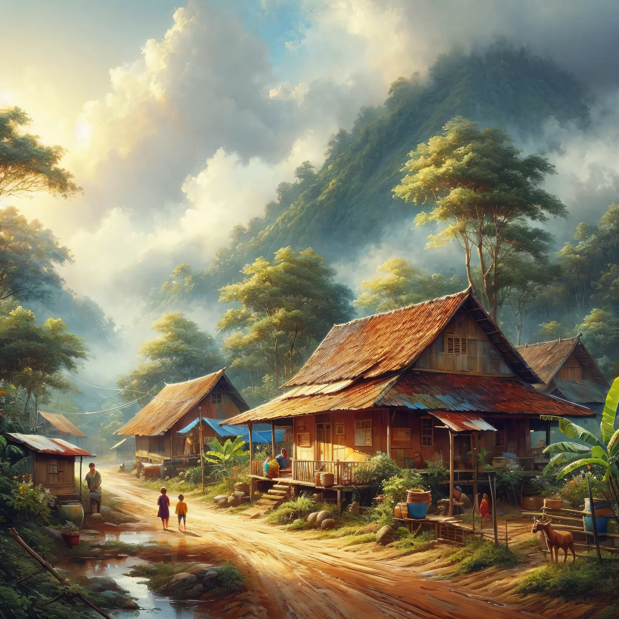 Oil on canvas, painting of a scene, rural home in Indonesian Village