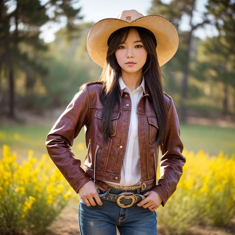 "25 year old young woman, His long hair flowed up.,) Carrying a brightly colored cowboy hat and leather jacket,) ,Sexy long jeans xx,) Album cover art by Yang J, Social trend CG, Beautiful cowboy, cowgirl, western cowgirl, forest, There are red flowers around.,Pearl hut from a dilapidated old place,)) Dressed up as a western sheriff.., female cowgirl, Korean girl" (best quality, 10, height:1.2), 8K Special Details, (realistic:1.37), Portrait, Full body, Posing from different angles,, bright colors, Warm light, shot with a high quality camera 45,000,000,000,Pixels,