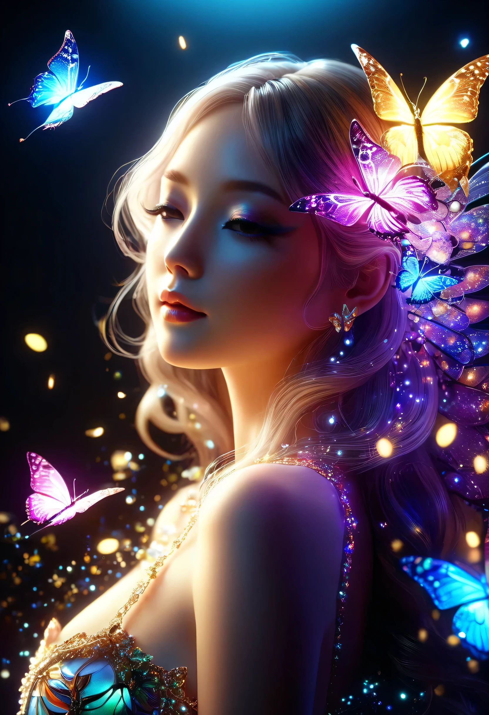A butterfly flapping its wings in the darkness々Shine、As beautiful as a dream、It touches my heart..,butterfly々:Iridescent:Seven Colors:Illumination:Shine,Dark Background,flash,Very flash,masterpiece,best masterpiece,Best Composition,Beautiful sight,dream-like,Gently shinebutterfly々,gracefully,rendering,Unreal Engine,Zentralg Elements,Intricate details,Draw gracefully,With great care,Particles of light:Shine Scale,The trajectory of the butterfly's wings shines,Rich colors,colorful,Anatomically correct,Beautiful light and shadow,Mysterious,Fantasy,Fantasy,Digital Art